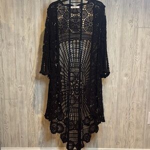 Origami Boho Festival Black Crochet Duster Cardigan - Size L/Xl